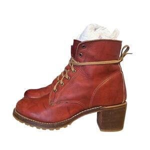 Frye Sabrina Vintage Red Leather Lace Up Block Heel Ankle Boots 9